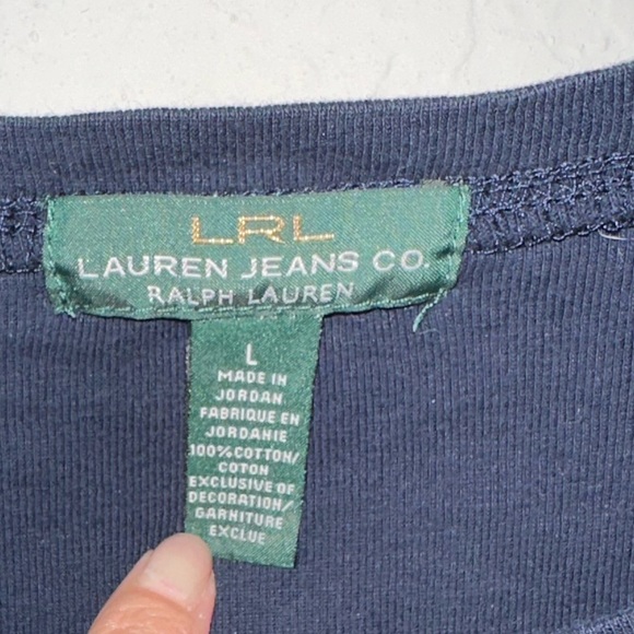 Lauren Ralph Lauren Long Sleeve Top Navy Blue with Brown Elbow Patches LG - Picture 5 of 6